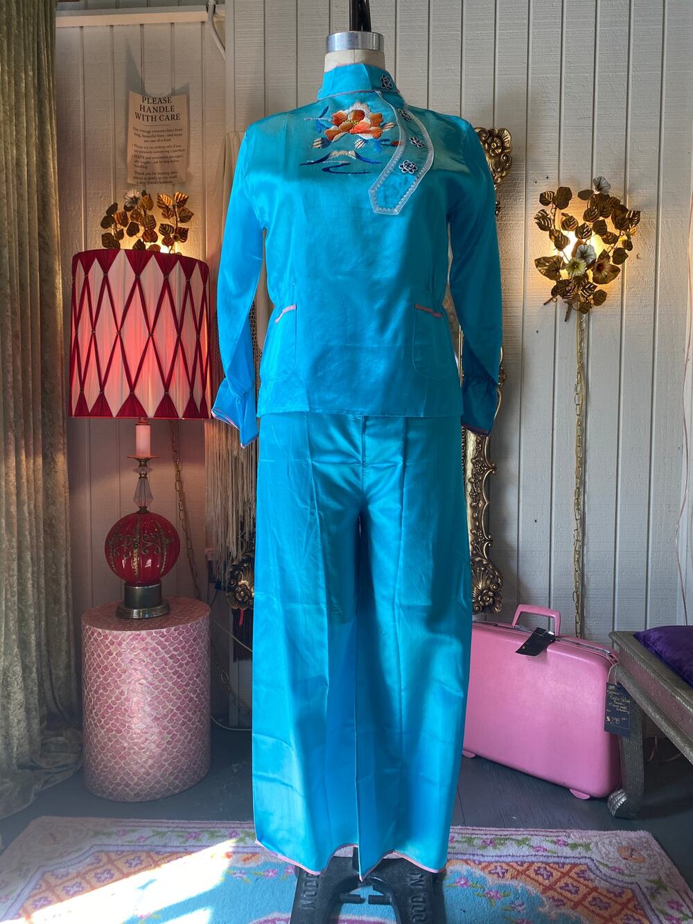 vintage 1950s turquoise satin pajamas, rose embroidery, japanese loungewear, s